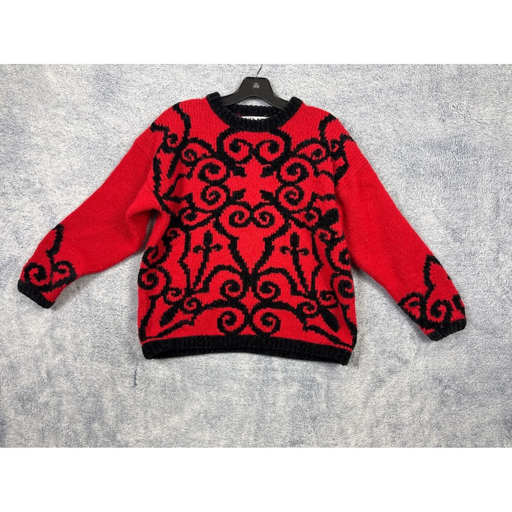 Kitty Hawk Women S Red Black Scroll Intarsia Wool Blend Crewneck Sweater Vintage